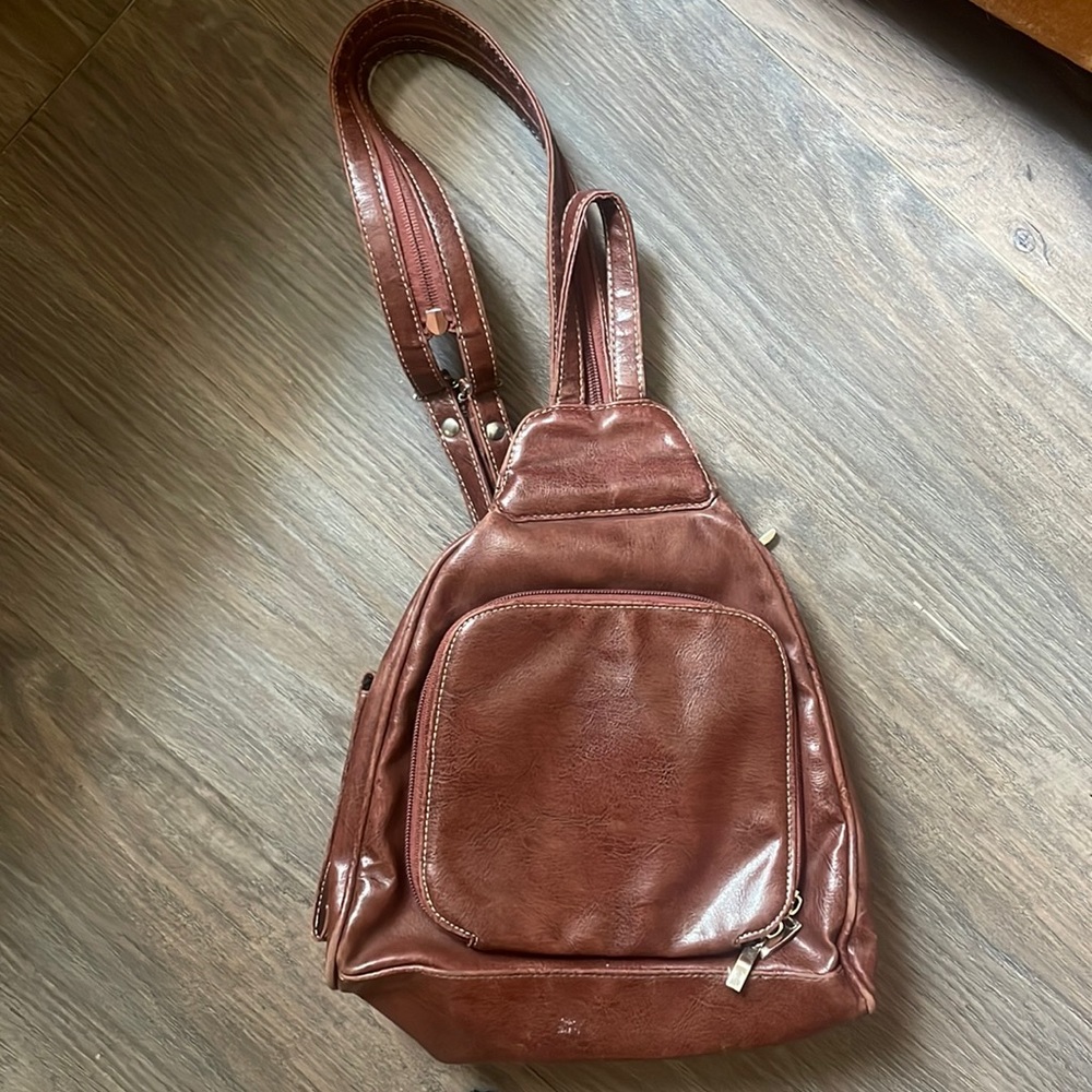 Vintage patent leather convertible backpack
